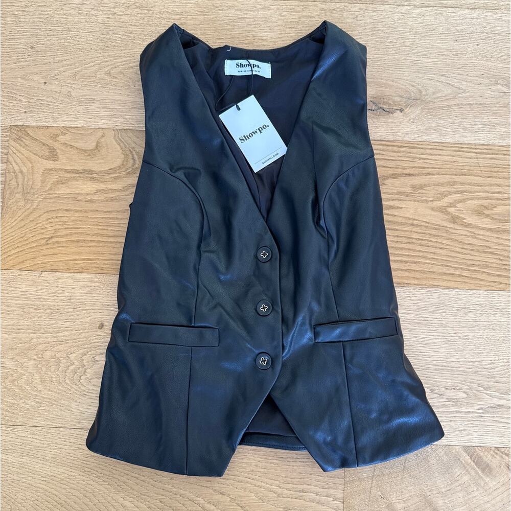 Showpo - Marzia Faux Leather V Neck Button Front Vest in Black